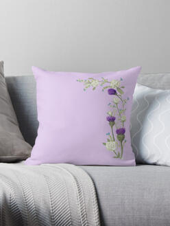 Decorative throw pillow printed with original Scottish floral watercolor art for home bar or cozy cottage decor.