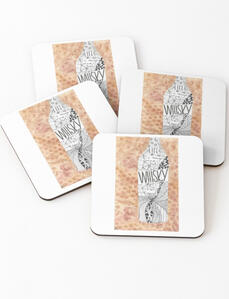 Set of coasters featuring original Whisky neat and doodle watercolour painting for home bars.