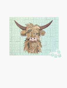 Jigsaw puzzle for whisky lovers featuring a detailed watercolour painting of a Highland Cow.