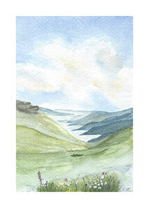 Traditional framed watercolour print of the Scottish countryside, artisan-made wall art for whisky enthusiasts.