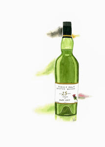 Traditional framed watercolor print of an 25 Year old Single Malt Scotch, artisan-made wall art for whisky enthusiasts.