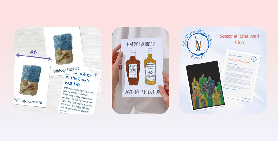 Digital downloads for whisky lovers: printable distillery fact cards, watercolour birthday card, and quarterly snail mail club.