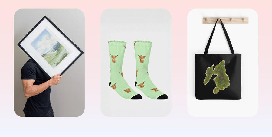 WhiskyArt gift guide featuring a framed Highland watercolour painting, Scottish cow pattern socks, and an Islay whisky map tote bag.